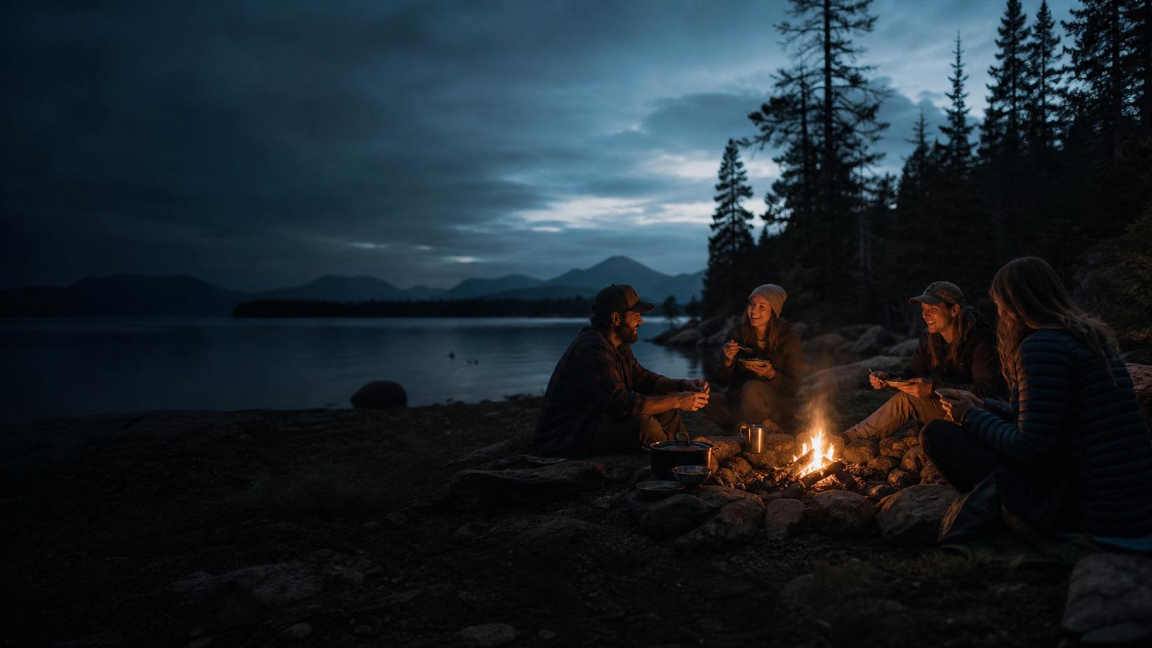 Friends sharing dinner around a campfire by a lake at dusk.