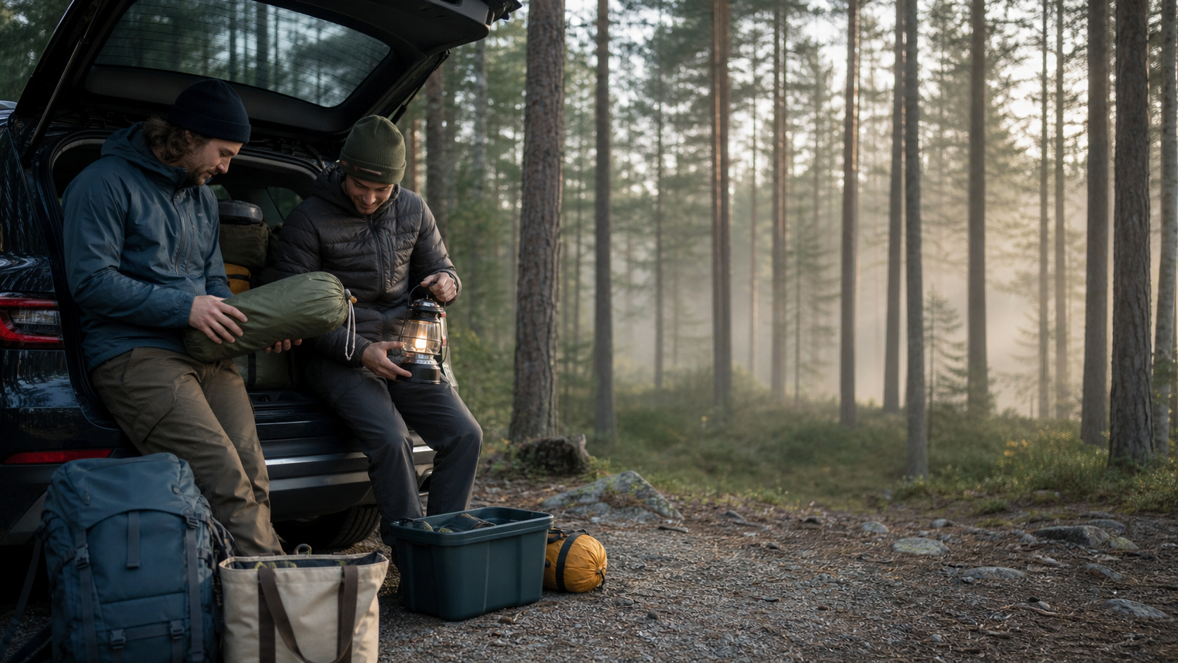 Friends sorting camping gear beside a car in the forest.